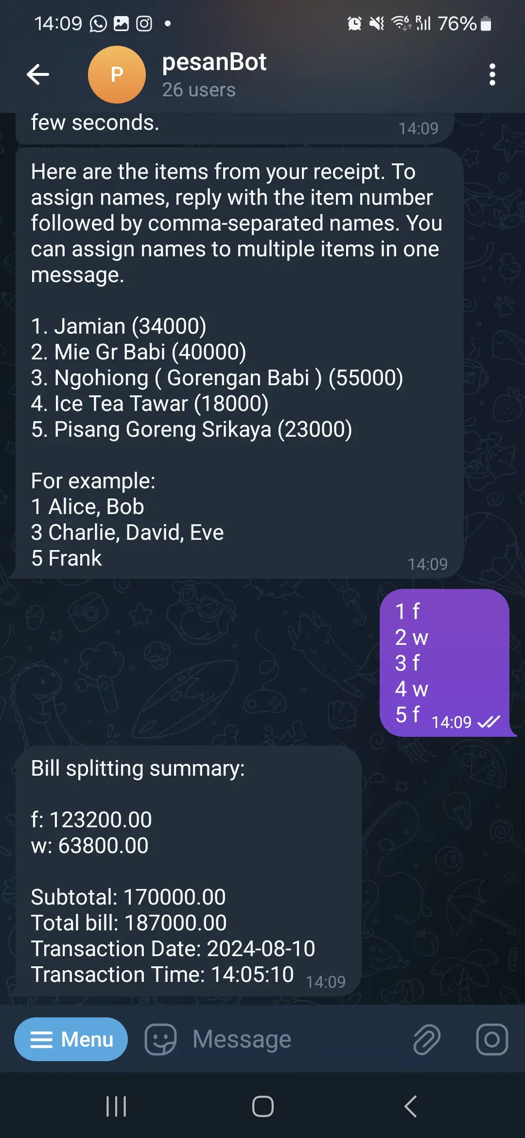 PesanBot accurately matches receipt items to orders